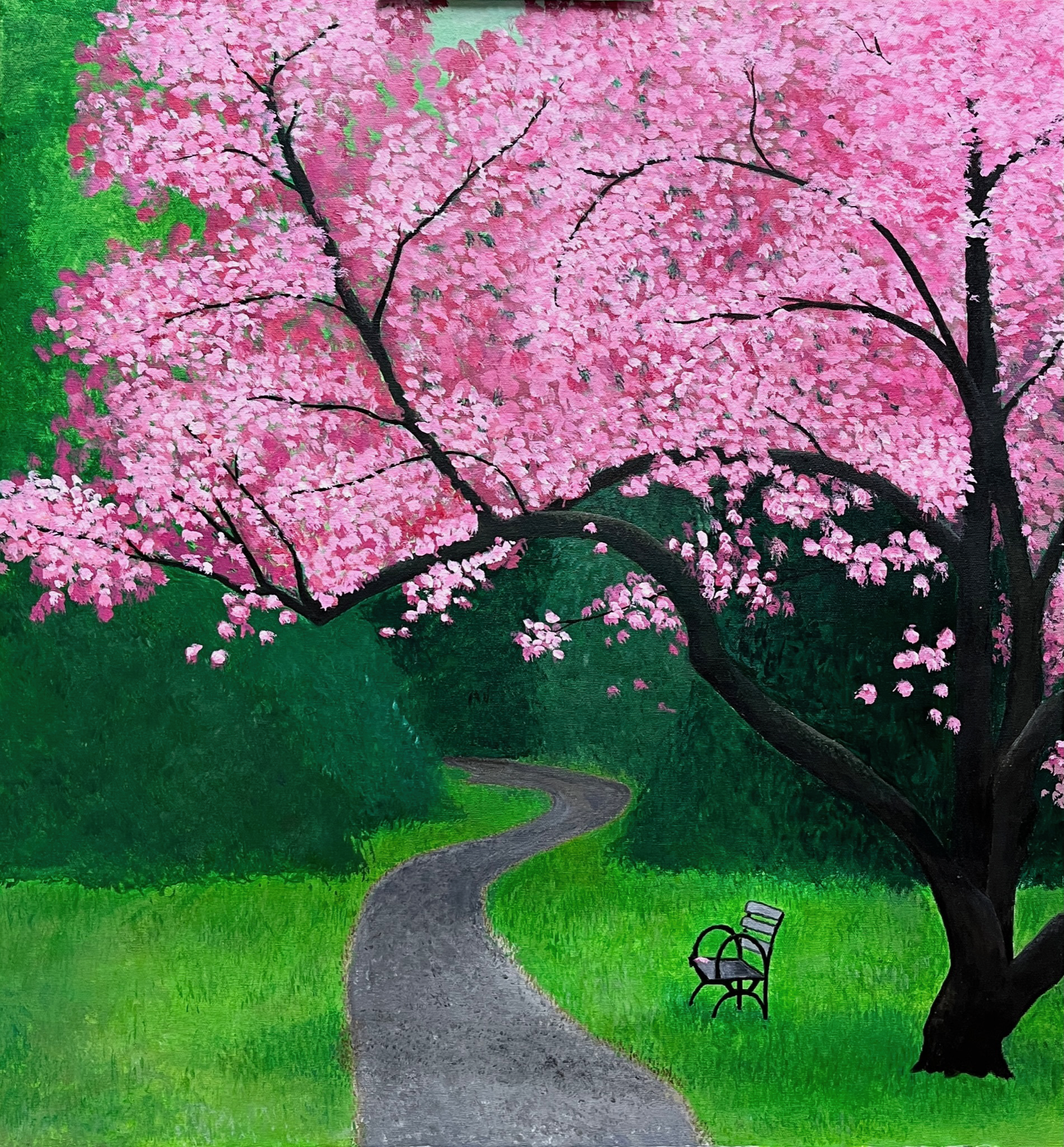 Painting of a parkbench and flowering tree.