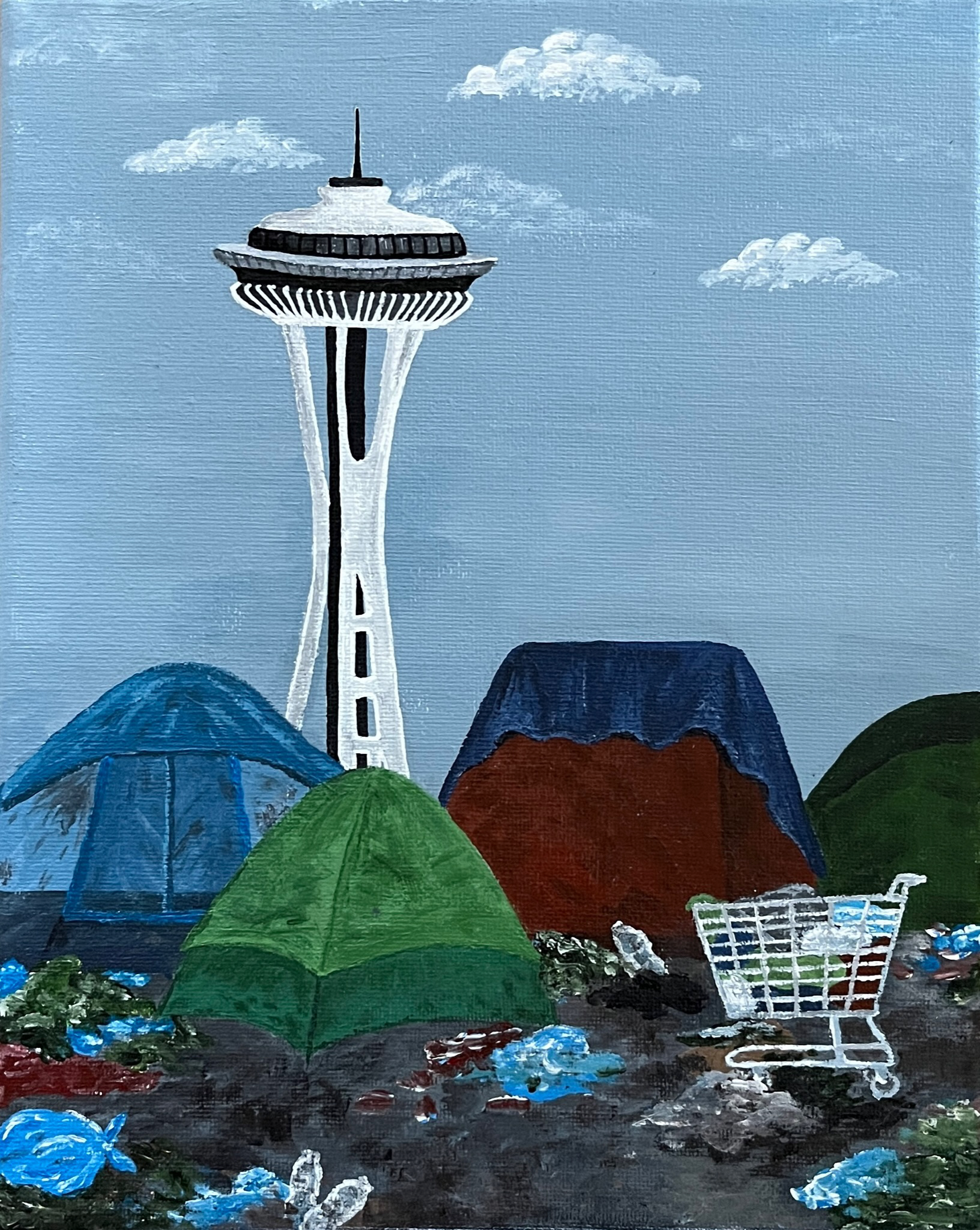 Painting of the Space Needle and a homeless camp.