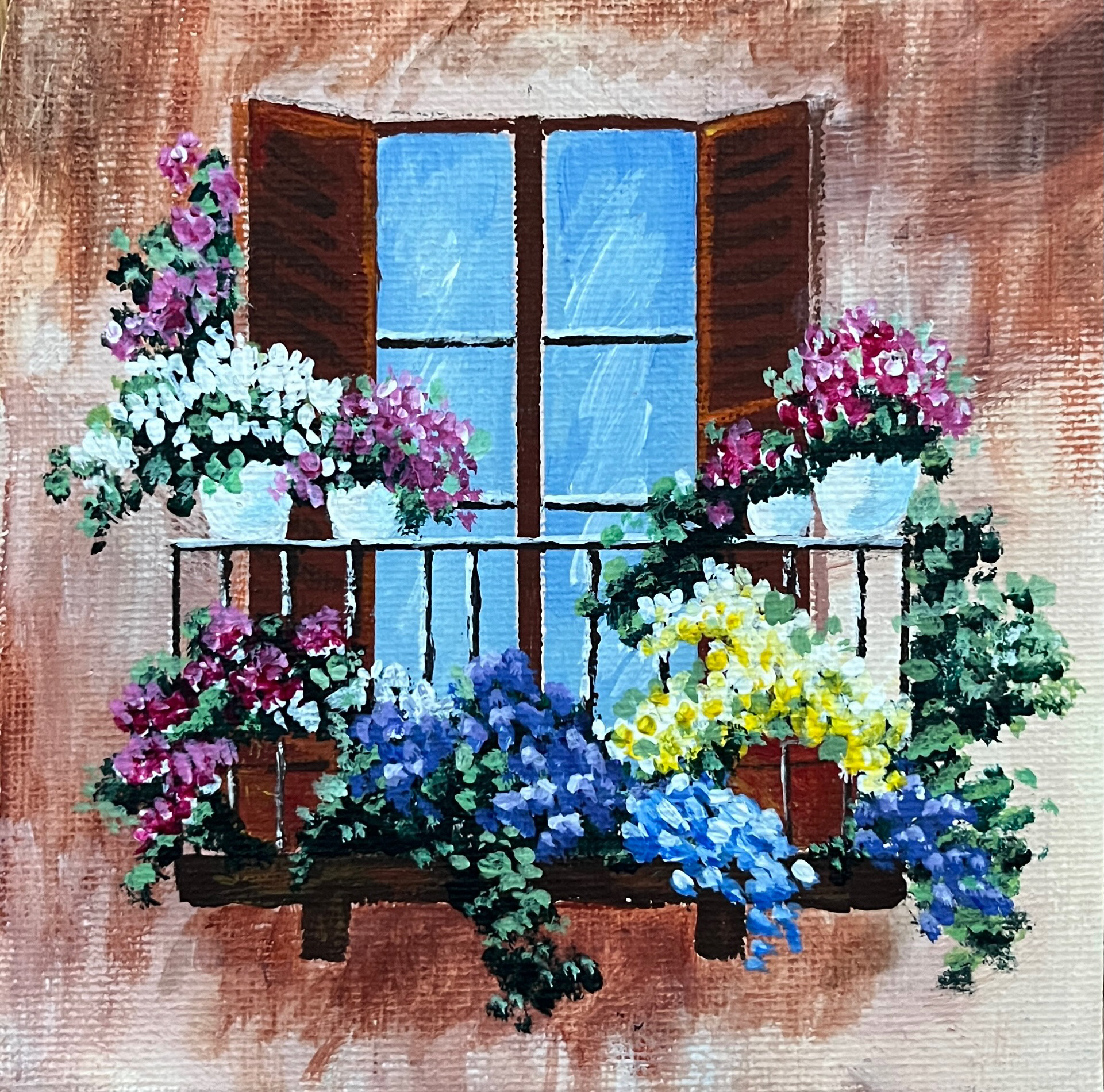 Painting of a window and flowers.